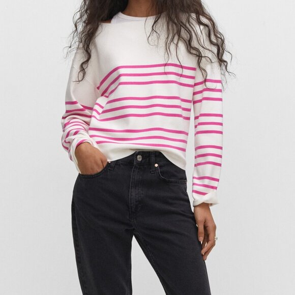 Mango White w/ Fuchsia Stripes Boat-Neck Knitted Sweater/NWT/XXL - Picture 2 of 14